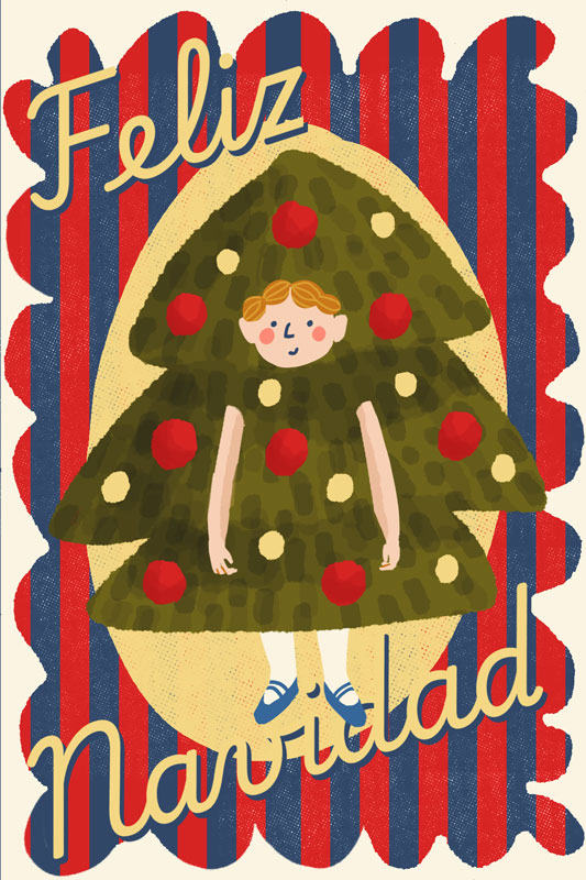 Christmas postcard featuring a boy dressed up as a christmas tree.